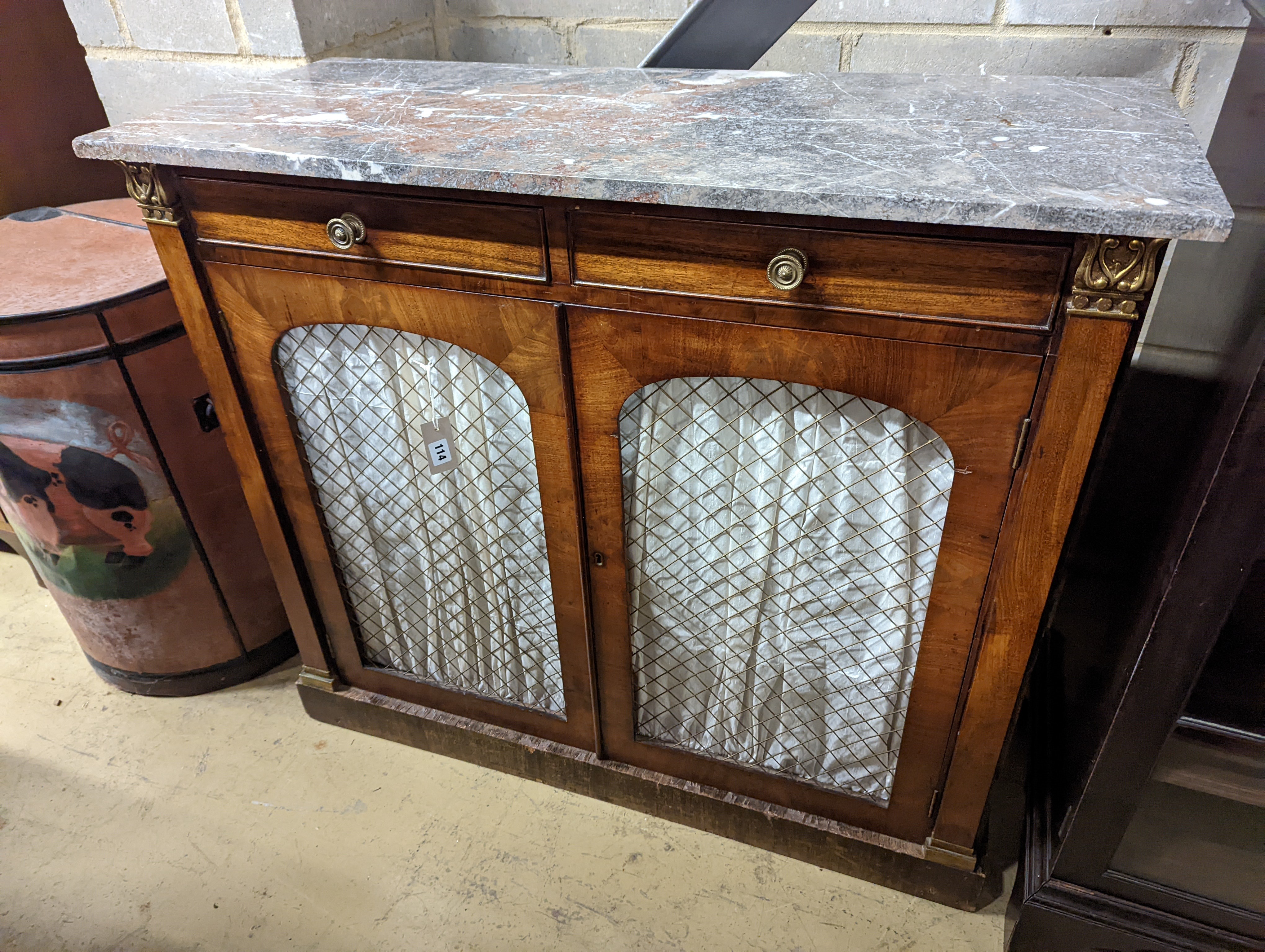 A Regency marble top chiffonier, width 107cm, depth 46cm, height 92cm